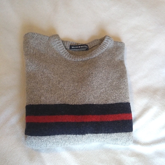 Brandy Melville Bernadette Sweater in Gray with Red Navy Stripe - Picture 8 of 10